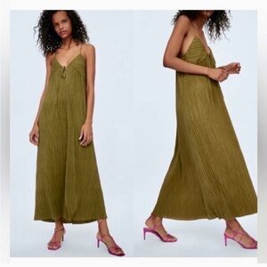 Zara Tie Front Olive Green Textured Dress Sz Medium